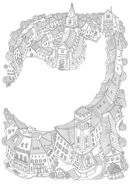 Векторний Фентезійний Міський Ландшафт Середньовічною Європейською Церквою Будинками Казковими Старими — стоковий вектор