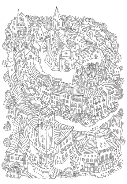 Векторний Контур Переконливий Фантастичний Пейзаж Дерева Казка Маленького Містечка Середньовічний — стоковий вектор