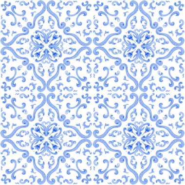 Beyaz arka planda suluboya çivit mavisi, pürüzsüz desen. El çizimi Barok yazmaları, çiçekler, yapraklar ve çiçekli süsler.