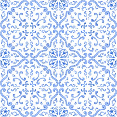 Beyaz arka planda suluboya çivit mavisi, pürüzsüz desen. El çizimi Barok yazmaları, çiçekler, yapraklar ve çiçekli süsler.