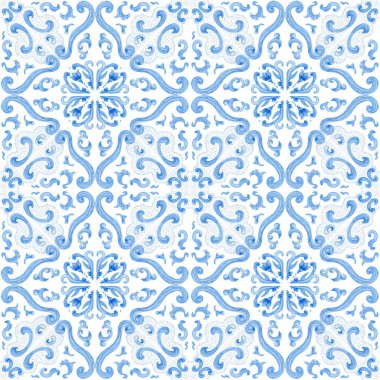 Beyaz arka planda suluboya çivit mavisi, pürüzsüz desen. El çizimi Barok yazmaları, çiçekler, yapraklar ve çiçekli süsler.