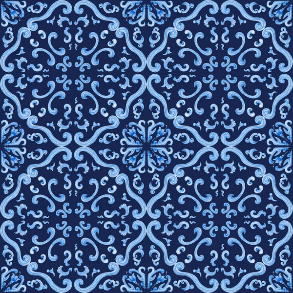 Watercolor Painted Indigo Blue Damask Seamless Pattern Dark Blue Background — стоковое фото