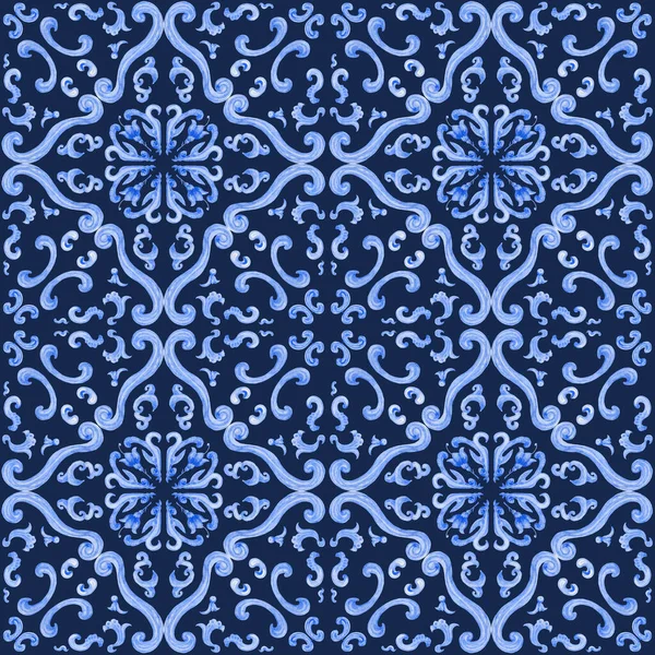 Aquarel Beschilderd Indigo Blauw Damast Naadloos Patroon Een Donkerblauwe Achtergrond — Stockfoto