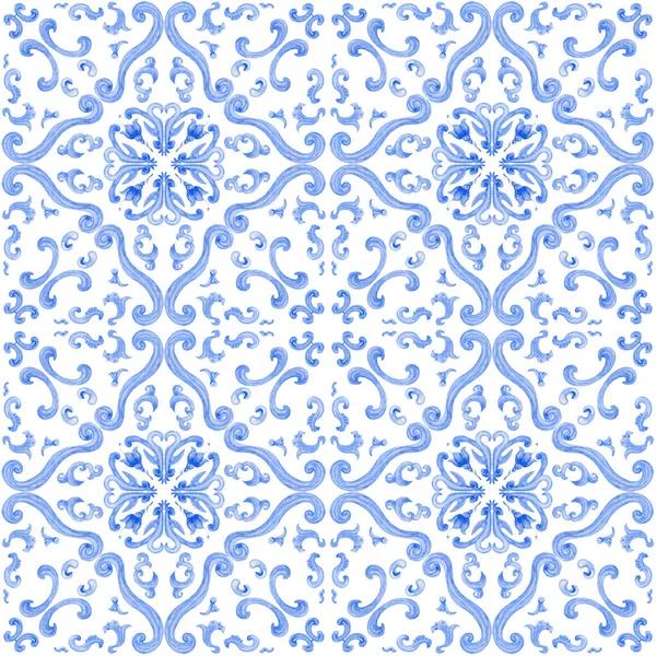 Watercolor Painted Indigo Blue Damask Seamless Pattern White Background Tile — стоковое фото