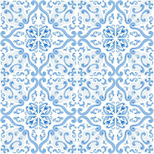Beyaz arka planda suluboya çivit mavisi, pürüzsüz desen. El çizimi Barok yazmaları, çiçekler, yapraklar ve çiçekli süsler.