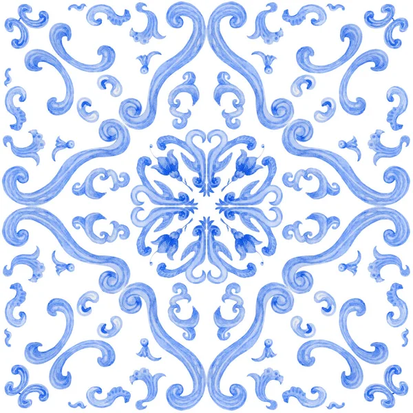 Aquarel Beschilderd Indigo Blauw Damast Naadloos Patroon Een Witte Achtergrond — Stockfoto