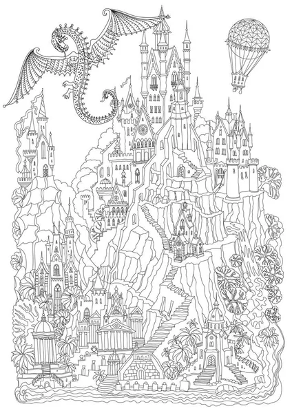 Черно Белый Фантастический Пейзаж Сказочный Замок Горе Пальмы Речной Водопад — стоковый вектор