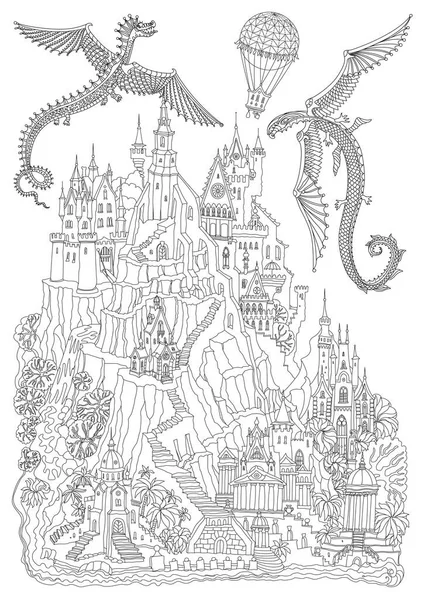 Сказочный Замок Горе Пальмы Речной Водопад Летающие Драконы Воздушный Шар — стоковый вектор