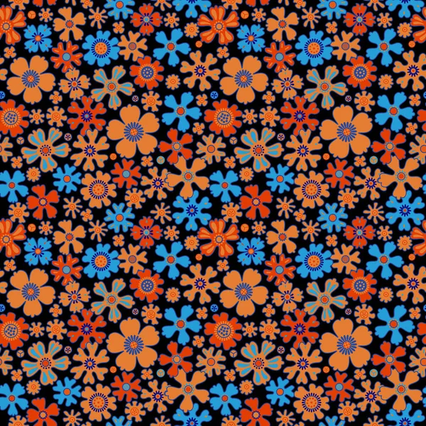 Seamless pattern with floral vintage print. Small simple golden, orange, terracotta and blue flowers on a black background