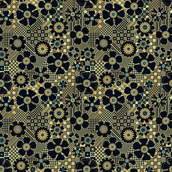 Seamless Pattern Simple Black Flowers Golden Checkered Plaid Background — Foto Stock