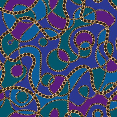 Koyu mor, turkuaz ve mavi arkaplandaki altın zincirler pürüzsüz desen. Barok ipek tekstil baskısı, Batik moda süsü, duvar kağıdı, ambalaj kağıdı