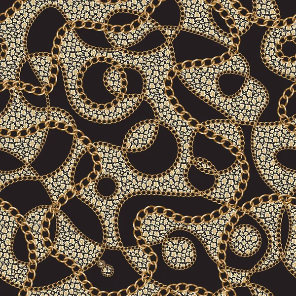 Gyllene Kedjor Sömlöst Mönster Svart Och Leopard Hud Lapptäcke Bakgrund — Stock vektor