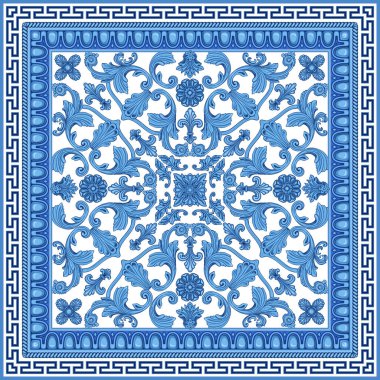 Barok parşömenleri, çivit mavisi Yunan anahtar deseni, daha kıvrımlı kenar sürtünmesi, beyaz arka plana oyulmuş çerçeve. Eşarp, bandana mavi iz, atkı, cep mendili, halı. 