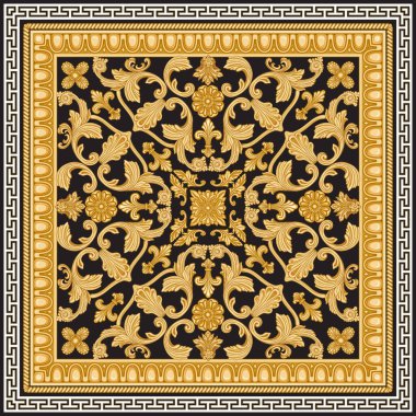Barok parşömenleri, altın Yunan anahtar deseni, kıvrımlı kenar sürtünmesi, siyah arka planda oyulmuş çerçeve. Atkı, bandana izi, atkı, cep mendili, halı. 