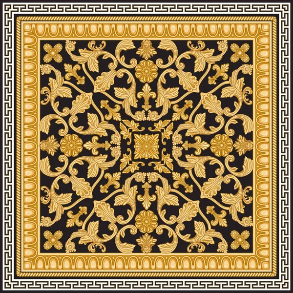 Barok parşömenleri, altın Yunan anahtar deseni, kıvrımlı kenar sürtünmesi, siyah arka planda oyulmuş çerçeve. Atkı, bandana izi, atkı, cep mendili, halı. 