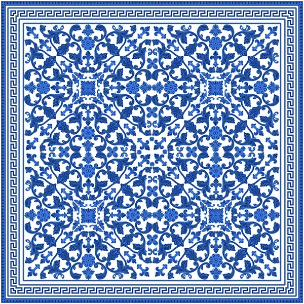 Rosette Volutes Baroques Motif Clés Grecques Bleu Indigo Frise Bordure — Image vectorielle