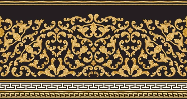 Vector Gold Nahtloser Randabdruck Auf Schwarzem Hintergrund Griechischer Mäanderfries Barocke — Stockvektor
