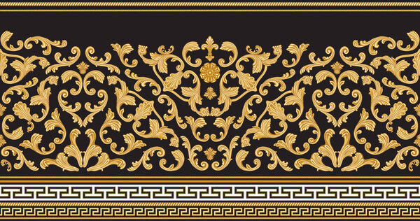 Vector gold seamless border print on a black background. Greek meander frieze, Baroque golden flower scrolls. 5 pattern brushes in the brush palette