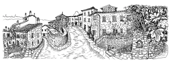 Dibujo Dibujado Mano Antiguo Edificio Callejero Pequeña Ciudad Sureña Europea — Foto de Stock
