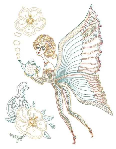 Векторная Сказка Бабочка Фея Чайником Разноцветный Рисунок Тонкой Линии Страница — стоковый вектор