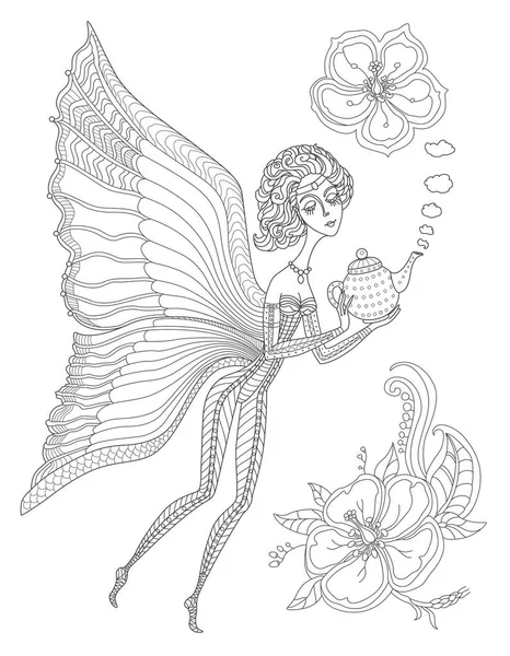 Vecteur Conte Fées Dame Pixie Papillon Avec Pot Thé Dessin — Image vectorielle