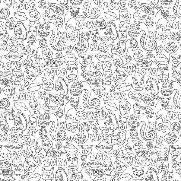 Seamless pattern of dragons, cat and dog faces, lips and Love. Hippie print, coloring book page for adults and children