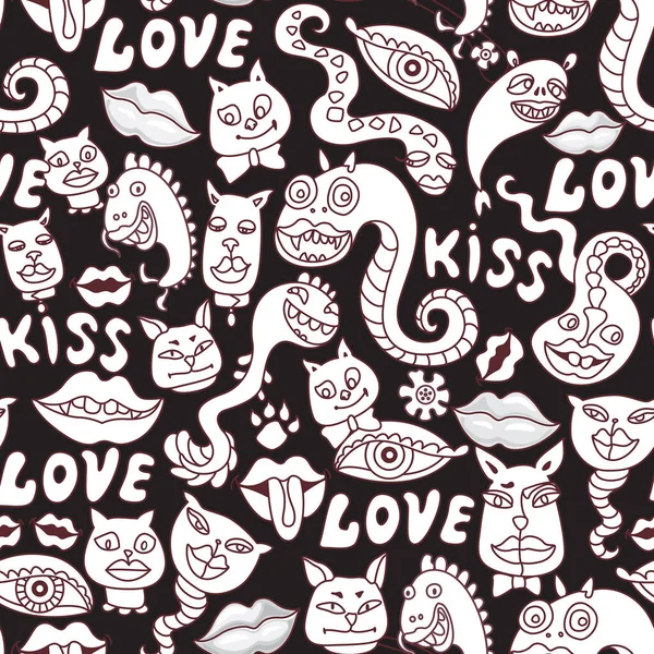 Seamless Pattern Vector Dragons Cat Dog Faces Lips Love Hippie — Stock Vector