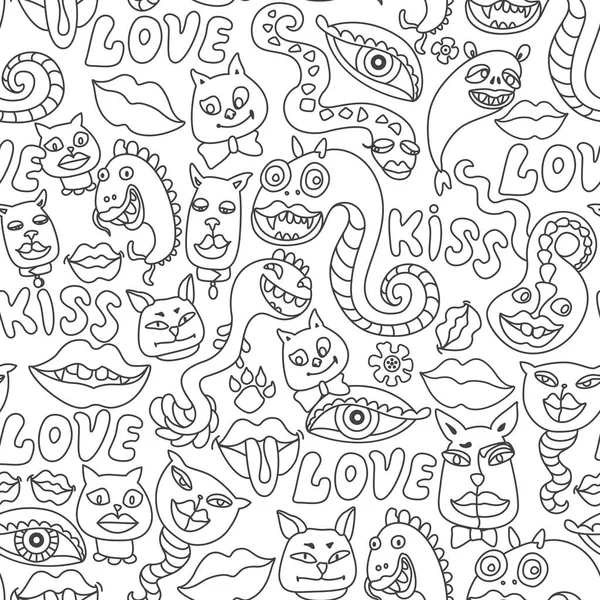 Seamless pattern of Vector dragons, cat and dog faces, lips and Love. Hippie print, coloring book page for adults and children