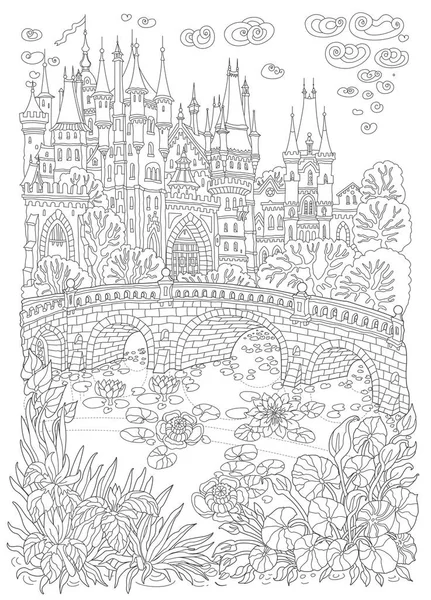 Fantasielandschaft Märchenhaftes Mittelalterliches Schloss Steinbrücke See Wasserpflanze Lotus Und Irisblume — Stockvektor