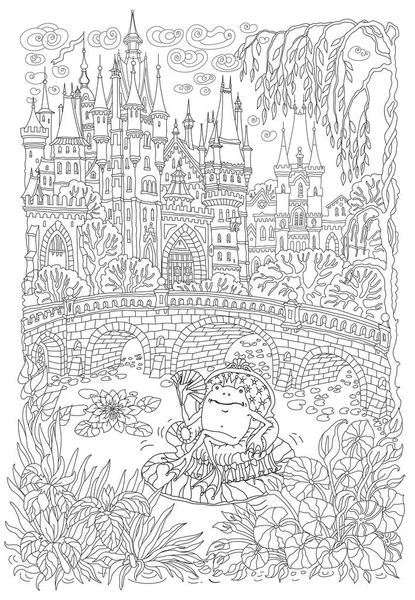 Фантастический Пейзаж Сказочный Замок Растение Античной Воды Цветок Лотоса Князей — стоковый вектор