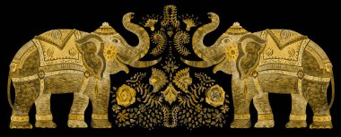 Altın rengi düğün hediyesi, davetiye, suluboya altın renkli fantezi fillerin olduğu sevgililer günü kartı, siyah arka planda çiçek buketi.