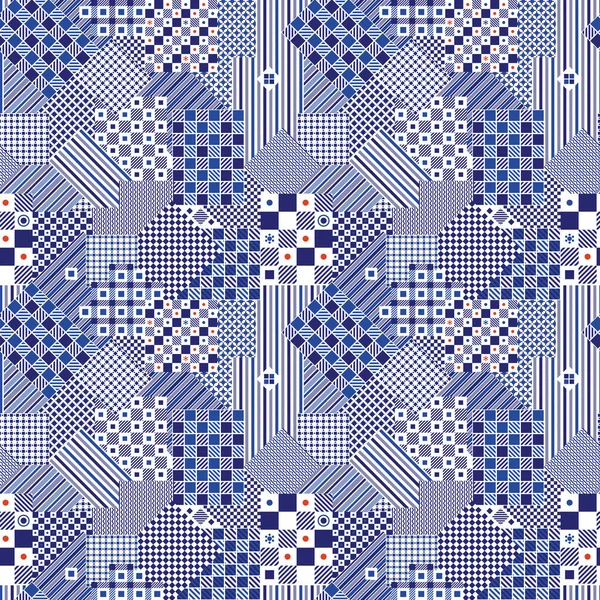 Patchwork Motif Sans Couture Carreaux Carreaux Bleu Blanc Fond Rouge — Photo