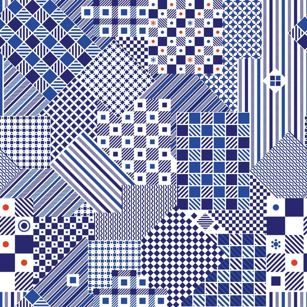 Vector Patchwork Nahtloses Muster Kariert Blau Weiß Roter Hintergrund — Stockvektor