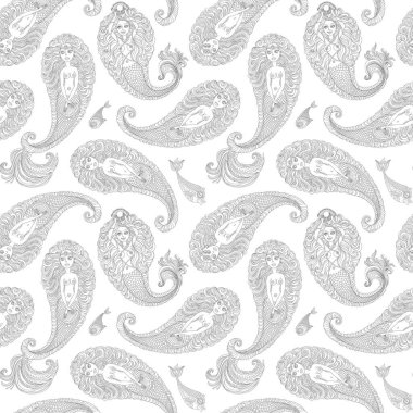 Denizci deseni, gümüş gri karalama denizkızı desenli şal desenli süs ve beyaz arka planda balık. Yetişkinlerin boyama kitabı sayfası