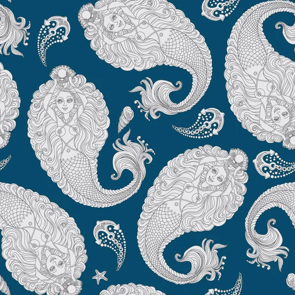 ダークターコイズの背景にシルバーグレーのドードルマーメイドと魚からの自然なシームレスなパターン ペイズリー装飾 — ストック写真