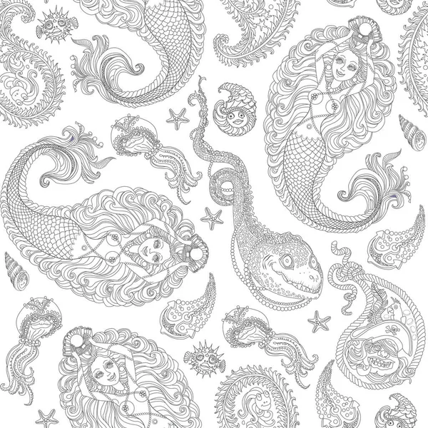Motif Sans Couture Vector Nautical Ornement Paisley Silhouette Sirène Doodle — Image vectorielle