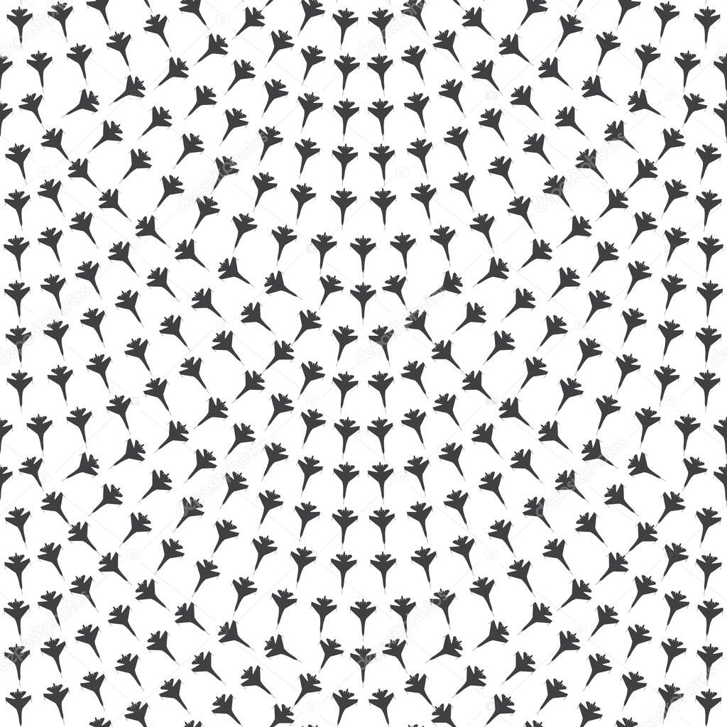 Vector seamless pattern from dark grey pursuit-plane silhouette on a white background