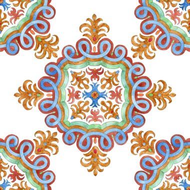 Akdeniz majolika seramik tarzında elle çizilmiş çiçek süslemeleri olan kusursuz suluboya mozaik fayanslar. Duvar kağıdı dcor, beyaz arkaplanda batik baskı