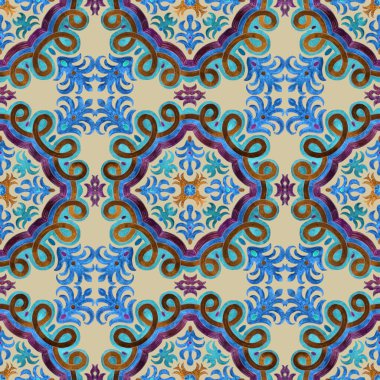 Akdeniz majolika seramik tarzında geometrik ve çiçekli süslemeleri olan kusursuz suluboya mozaik fayanslar. Duvar kağıdı dcor, bej arkaplanda batik baskı