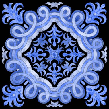Akdeniz majolika seramik resim tarzında el çizimi geometrik ve çiçekli çivit mavisi süslemeleri olan suluboya İspanyol fayansları. Duvar kâğıdı, batik, halı izi siyah bir arkaplanda izole edilmiş.