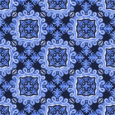 Sicilya, İspanyolca, Portekizce, Fas Akdeniz seramik resim tarzında koyu arkaplanda çiçek süslemeleri olan kusursuz suluboya mozaik karolar. Duvar kağıdı, batik baskı