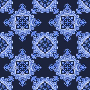 Sicilya, İspanyolca, Portekizce, Fas Akdeniz seramik resim tarzında koyu arkaplanda çiçek süslemeleri olan kusursuz suluboya mozaik karolar. Duvar kağıdı, batik baskı