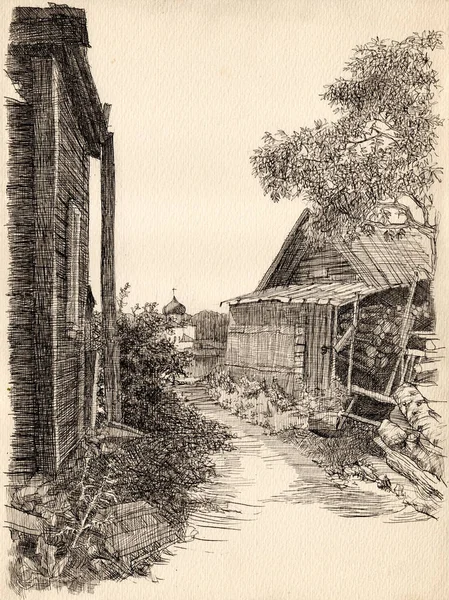 Cerneală Stilou Desenate Manual Schiță Peisaj Clădiri Antice Hale Lemn — Fotografie, imagine de stoc