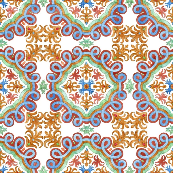 Modello Senza Soluzione Continuità Piastrelle Mosaico Dipinte Acquerello Con Ornamenti — Foto Stock