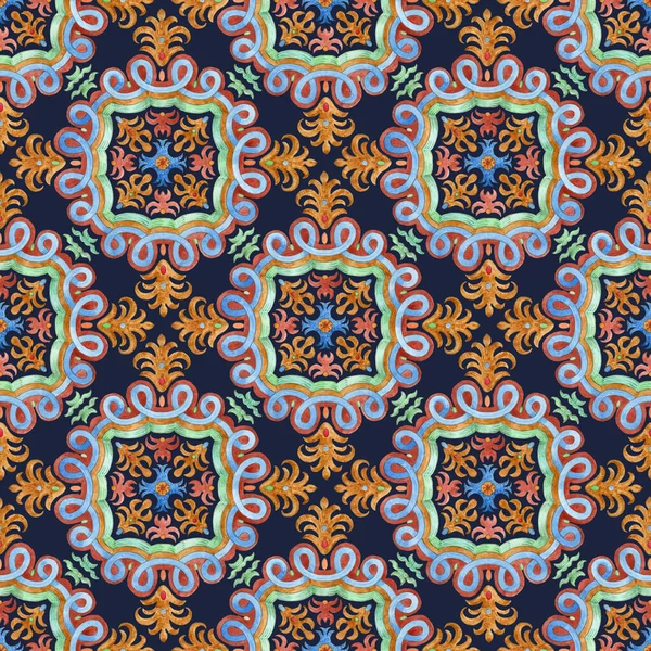 Patrón Sin Costuras Azulejos Mosaico Pintados Acuarela Con Adornos Florales —  Fotos de Stock