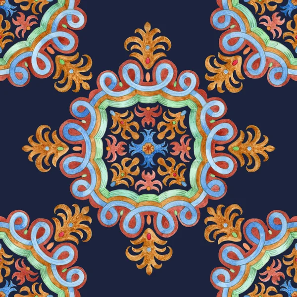 Padrão Sem Costura Azulejos Aquarela Pintados Mosaico Com Ornamentos Florais — Fotografia de Stock