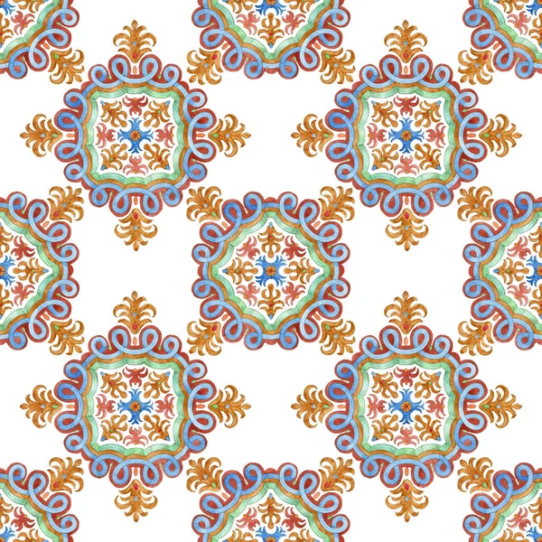 Patrón Sin Costuras Azulejos Mosaico Pintados Acuarela Con Ornamentos Florales —  Fotos de Stock