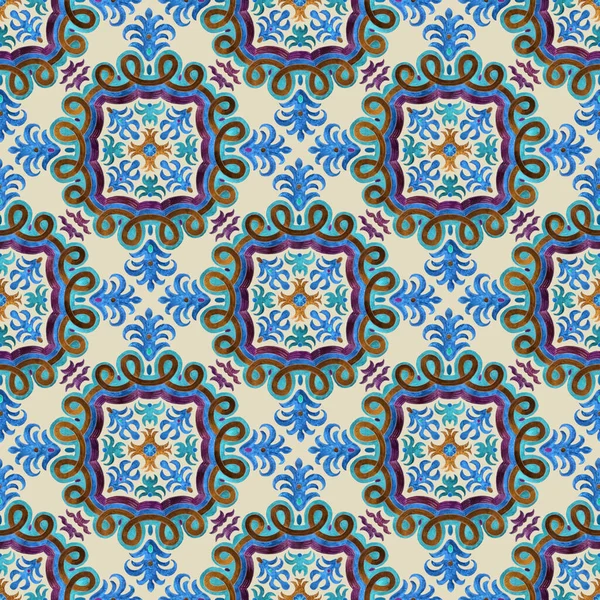 Padrão Sem Costura Azulejos Mosaico Pintados Aquarela Com Ornamentos Geométricos — Fotografia de Stock