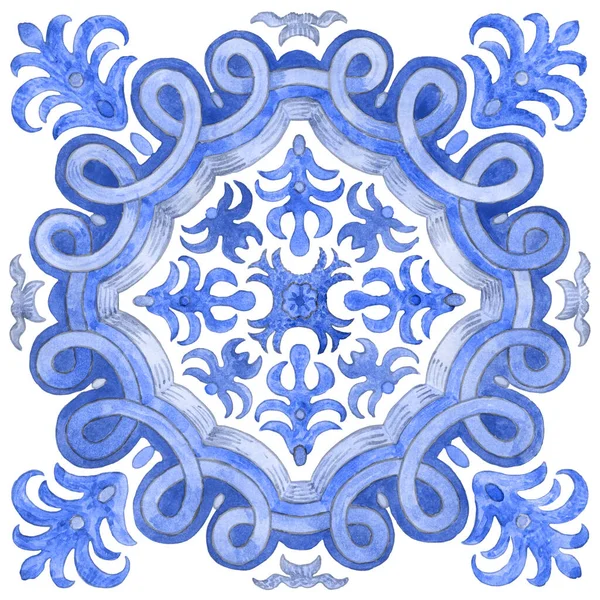 Akdeniz Majolika Seramik Resim Tarzında Çizimi Geometrik Çiçekli Çivit Mavisi — Stok fotoğraf
