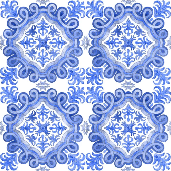 Naadloos Patroon Van Aquarel Geschilderd Blauw Mozaïek Tegels Met Bloemen — Stockfoto
